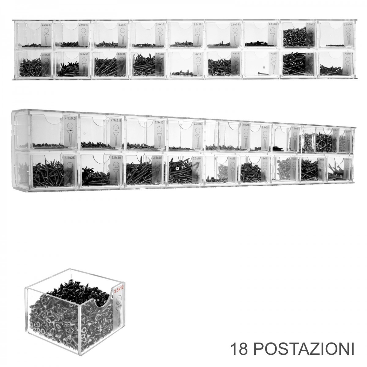 Screw Displays Transparent plexiglass screw display with 6 drawers