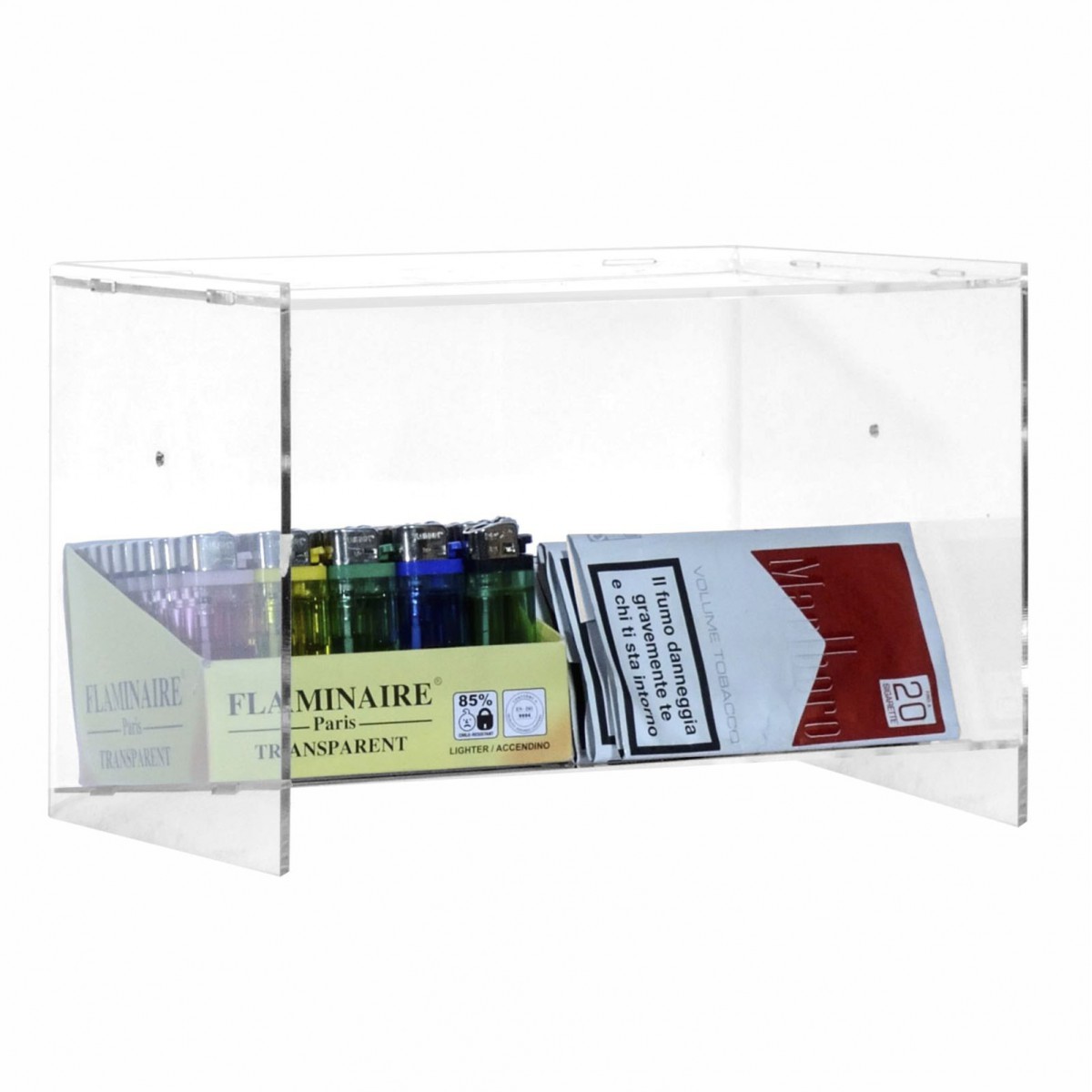 E-508 - Espositore porta accendini / porta tabacco in plexiglass trasparente con Ripiano Inclinato
