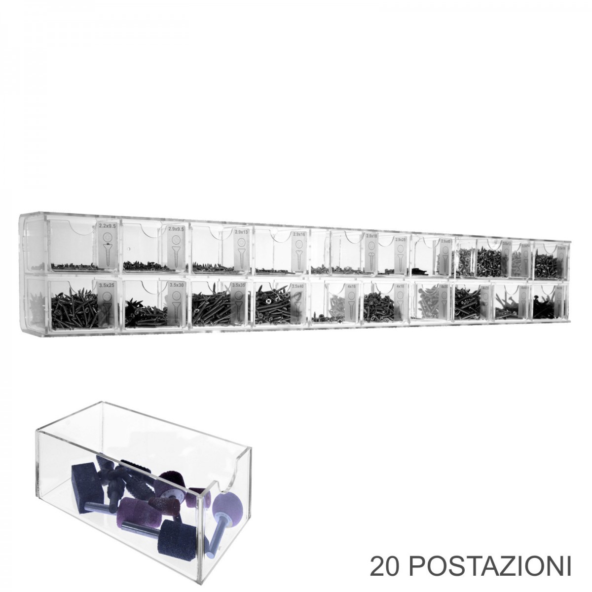 E-422 VPV-H - Espositore porta viti in plexiglass trasparente a 20 cassetti - Profondità 15,5 cm