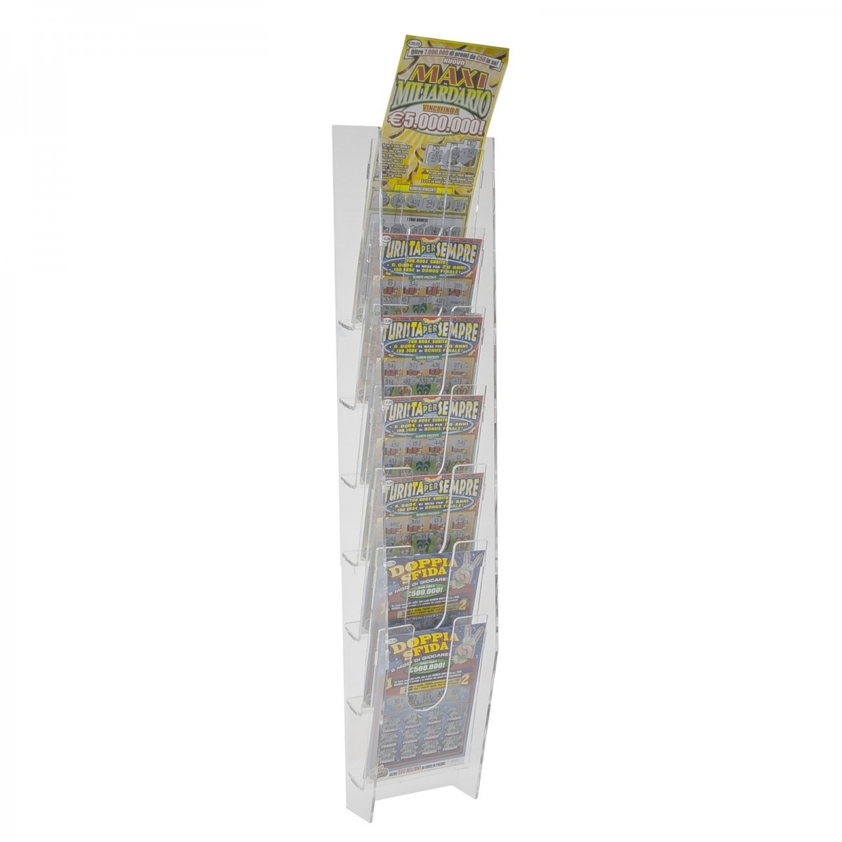 E-219 - Espositore schedine e gratta e vinci da parete in plexiglass trasparente