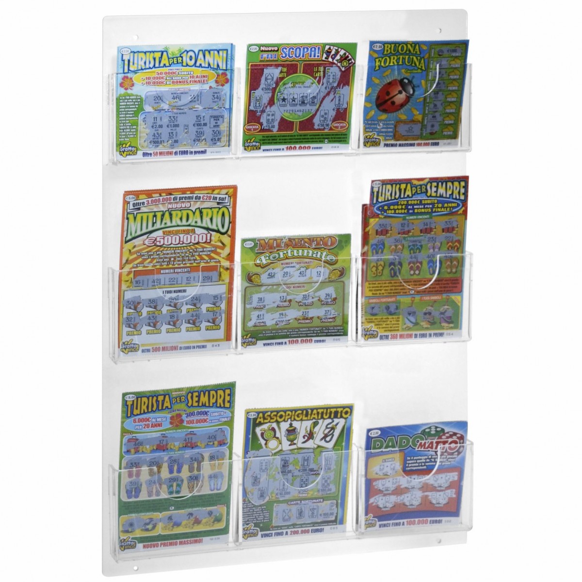 E-491 - Espositore schedine e gratta e vinci da parete in plexiglass trasparente