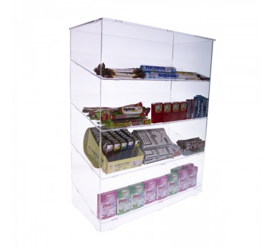 E-208 POA - Espositore porta accendini in plexiglass trasparente a 4 ripiani inclinati - Misure: 45 x 20 x H58 cm