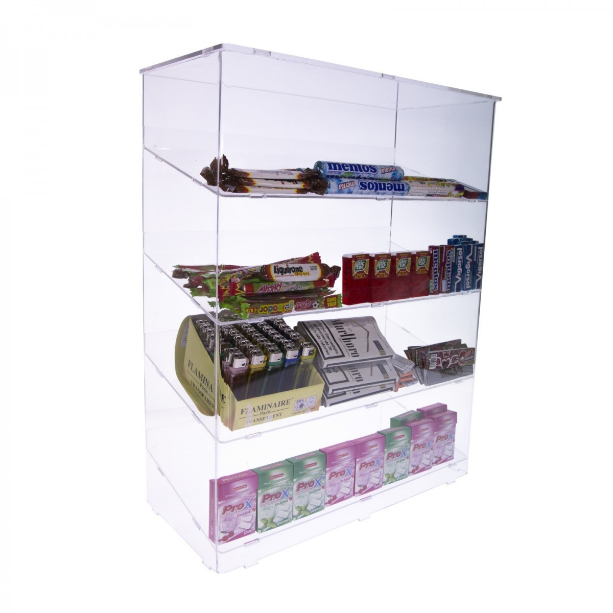 E-208 POA - Espositore porta accendini in plexiglass trasparente a 4 ripiani inclinati - Misure: 45 x 20 x H58 cm