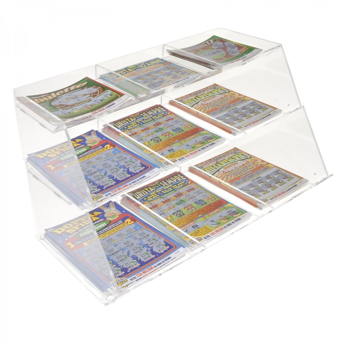 E-215 EGV-B - Espositore gratta e vinci da banco in plexiglass trasparente a 9 scomparti - Misure: 36 x 30 x H24 cm