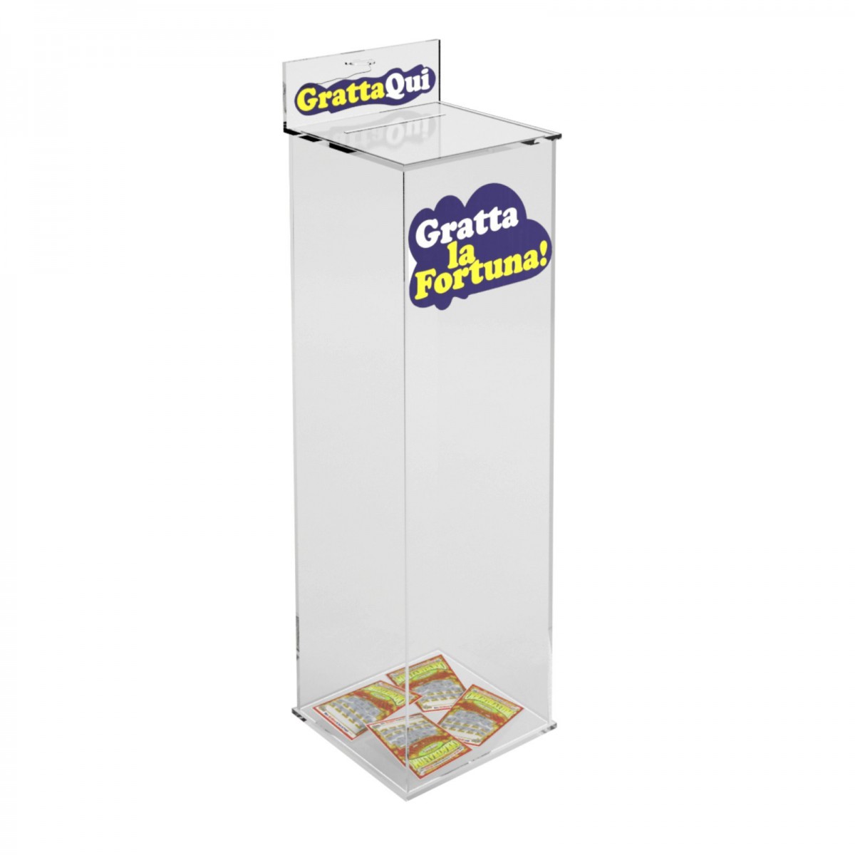 Présentoir jeux de grattage grattés en acrylique transparent - Dimensions : 24 x 24x H95 cm