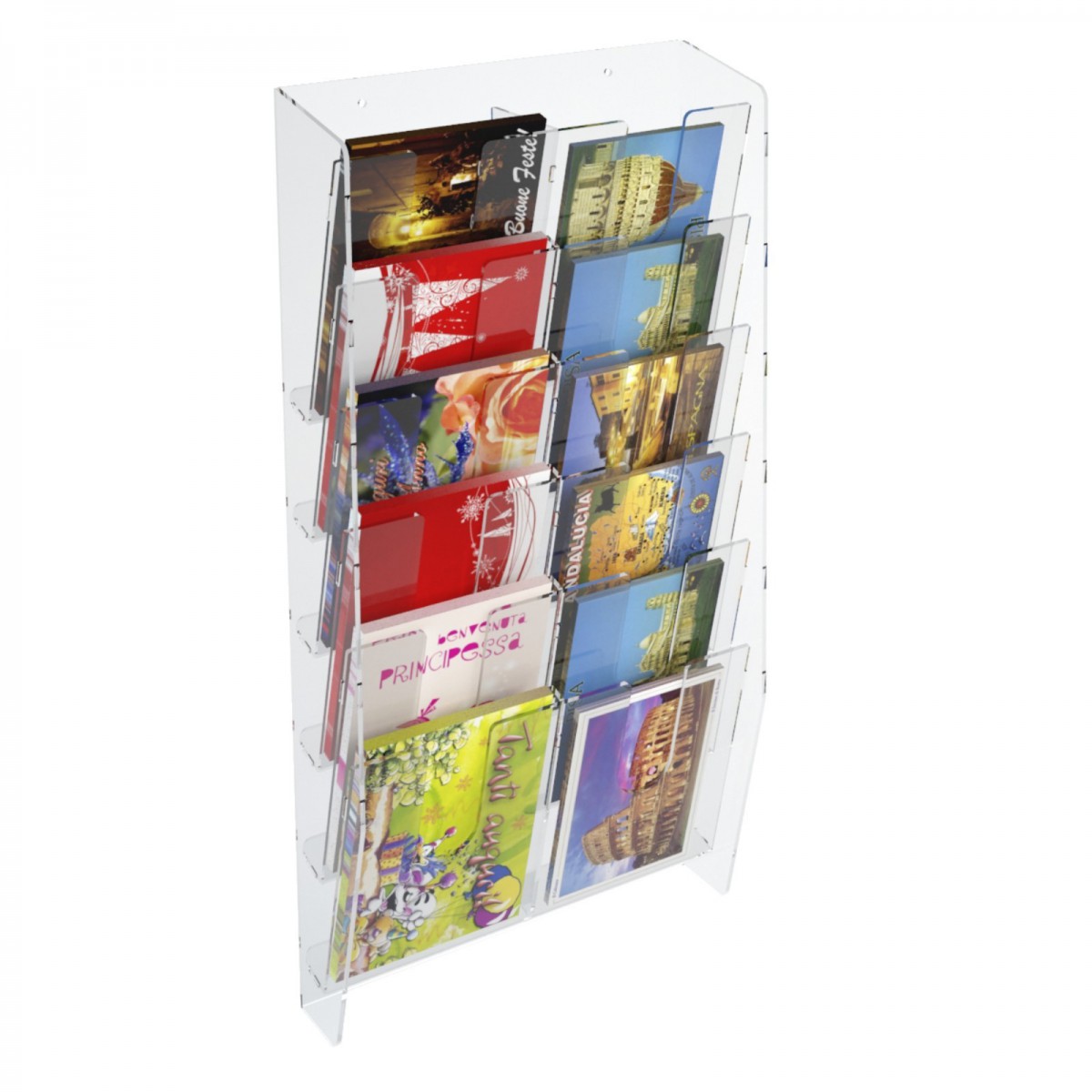 E-399 EPC-B - Espositore porta cartoline da parete in plexiglass trasparente a 12 tasche