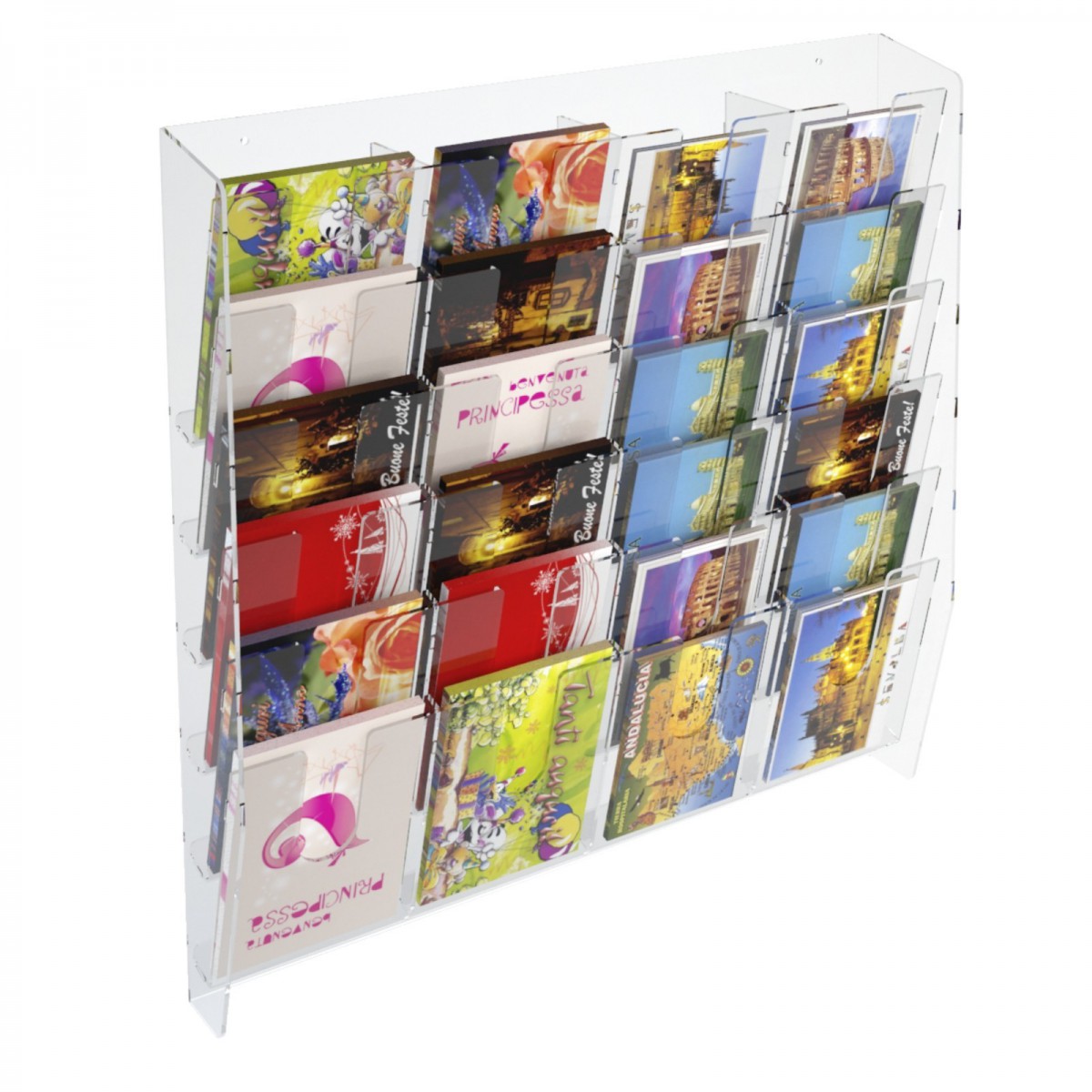 E-399 EPC-D - Espositore porta cartoline da parete in plexiglass trasparente a 24 tasche