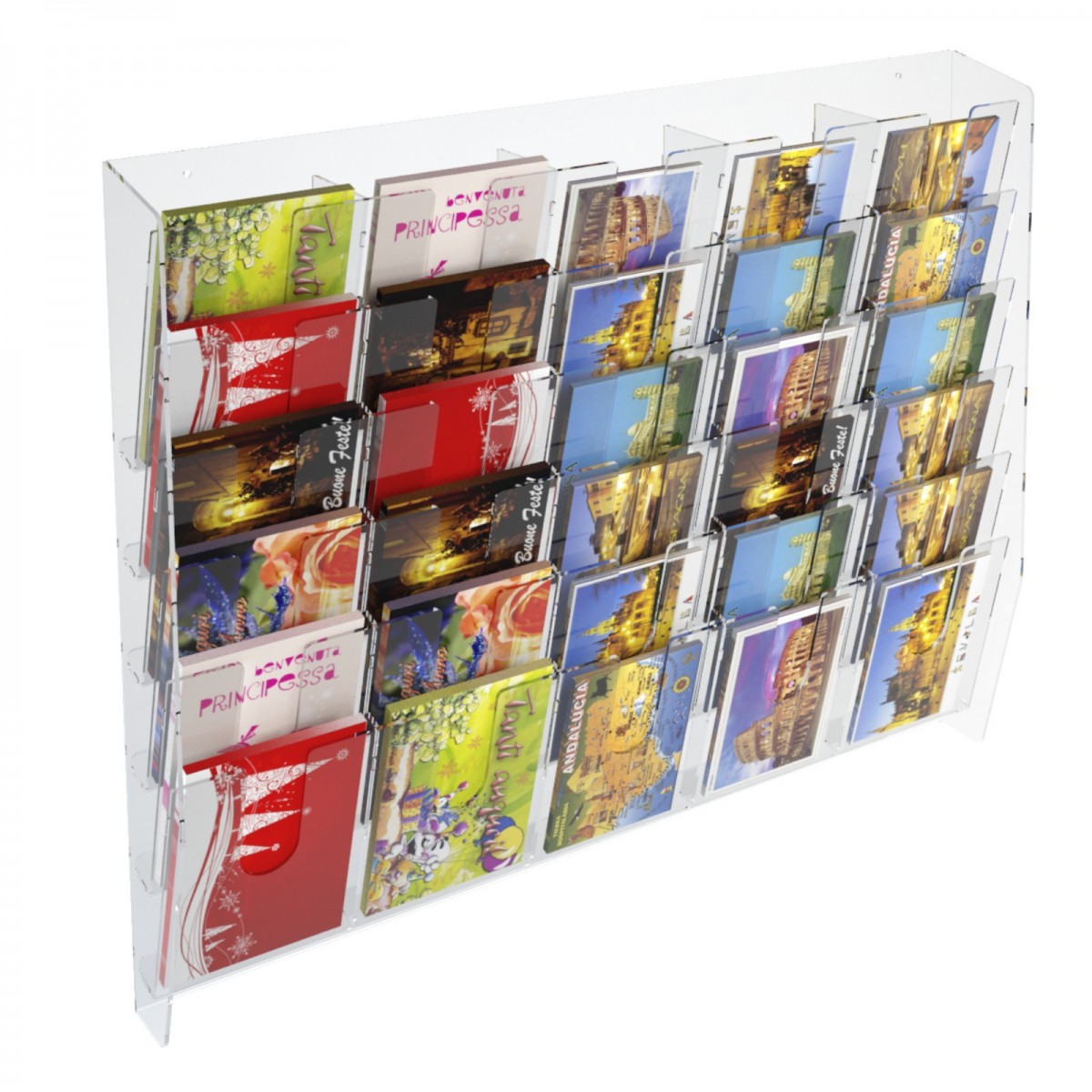 E-399 EPC-E - Espositore porta cartoline da parete in plexiglass trasparente a 30 tasche