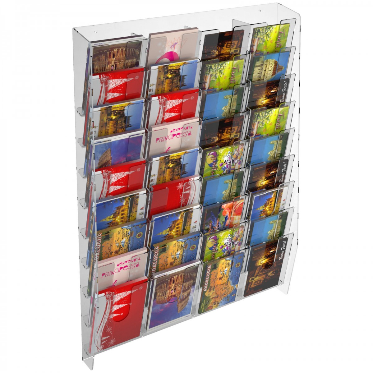 E-399 EPC-I - Espositore porta cartoline da parete in plexiglass trasparente a 36tasche
