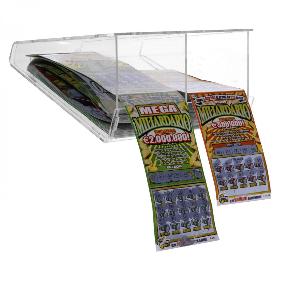 E-408 EGV-B - Espositore gratta e vinci da soffitto in plexiglass trasparente a 2 scomparti lato rivenditore