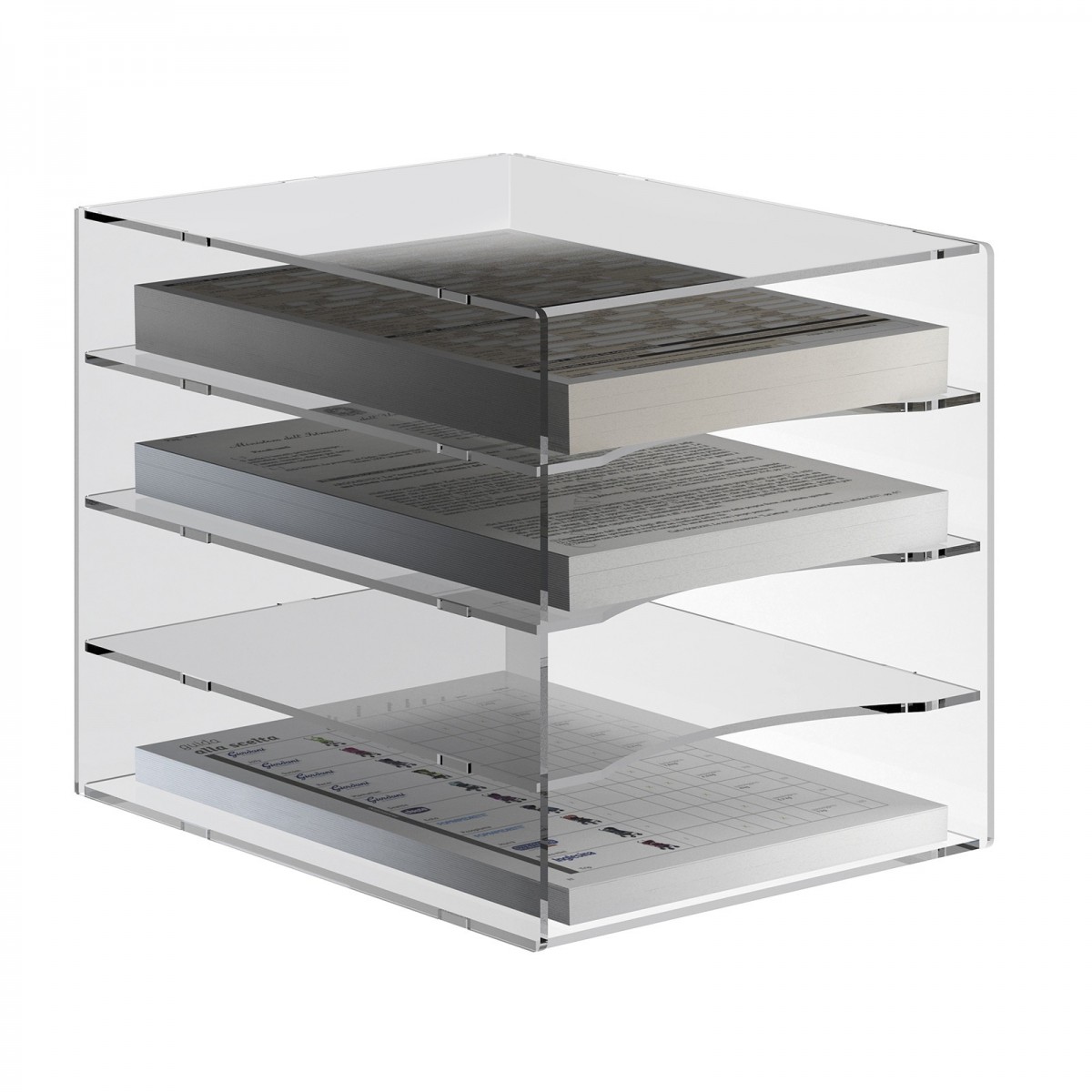 E-653 - Vaschetta portadocumenti in plexiglass trasparente a 4 ripiani per documenti A4