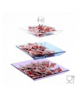 E-046 PB - Porta caramelle e bustine da tavolo in Plexiglass con tre piatti di diversa grandezza e colore - Altezza totale 34 cm