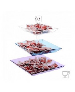E-046 PB - Porta caramelle e bustine da tavolo in Plexiglass con tre piatti di diversa grandezza e colore - Altezza totale 34 cm