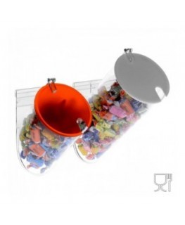E-050 PC - Porta caramelle 2 contenitori circolari con sportello, muniti di staffa per il fissaggio a parete