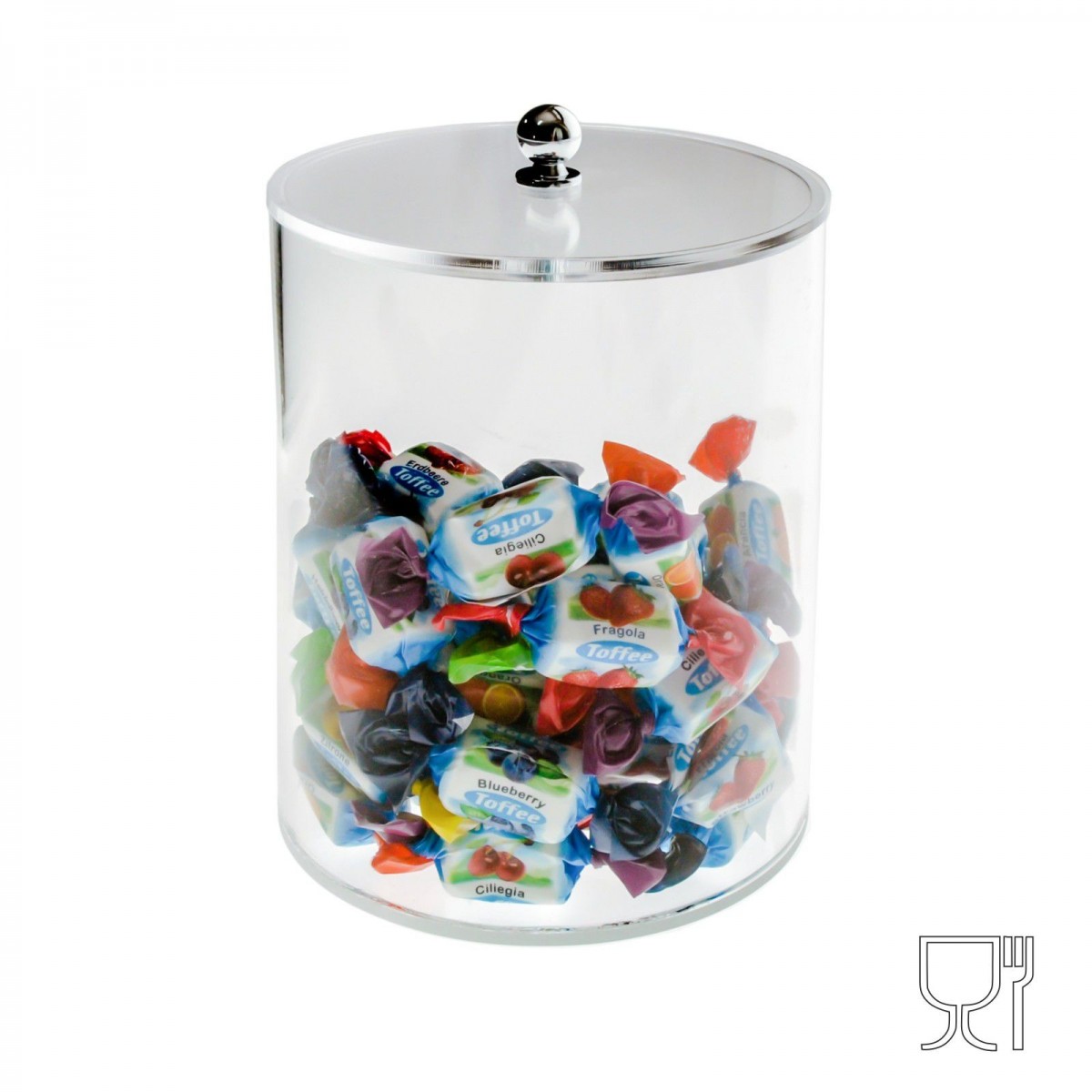 E-071 PC - Porta caramelle in plexiglass trasparente a base circolare - Misure: diametro 12.5 x H15 cm