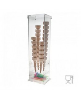 E-005 PCN - Porta coni gelato in plexiglass trasparente con vaschetta porta cucchiaini a 4 fori - Misure: 16 x 13 x H61 cm