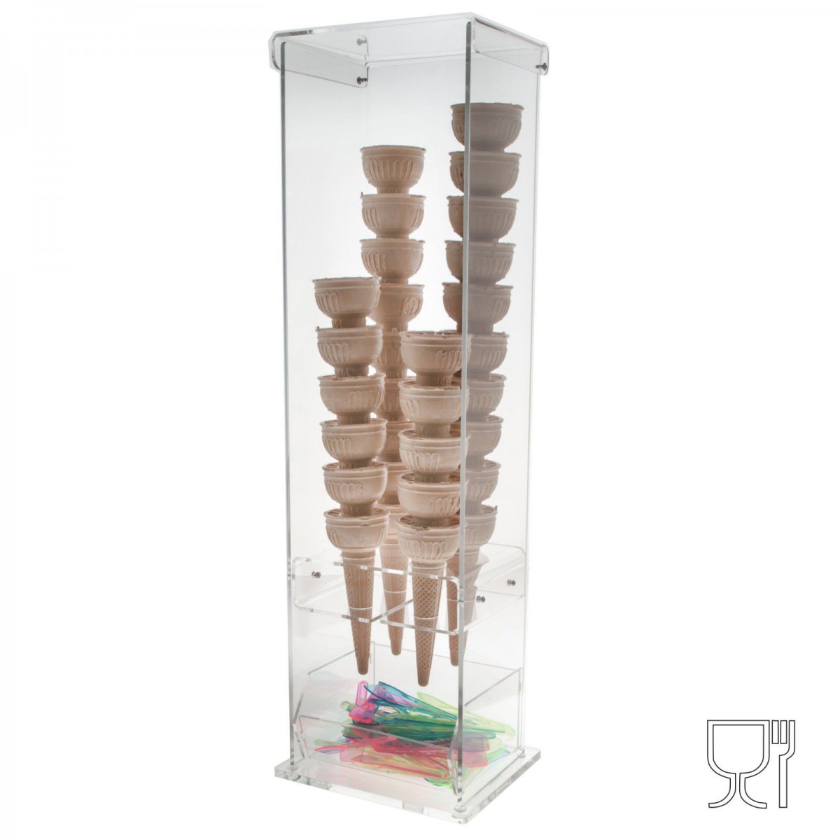 Expositor para conos de helado con compartimento para cucharillas