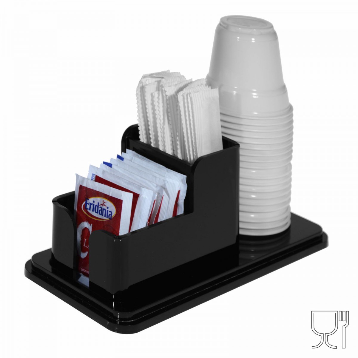 Porta bustine zucchero, palette e bicchieri in Plexiglass nero a 3 postazioni - CM(LxPxH): 18x8.5x7
