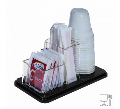 Porta bustine zucchero, palette e bicchieri in Plexiglass nero a 3  postazioni - CM(LxPxH): 18x8.5x7
