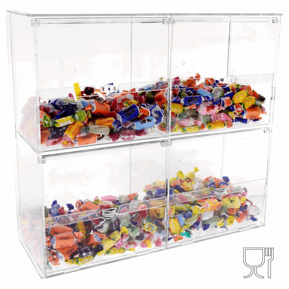 E-340 PCR - Porta caramelle in plexiglass trasparente con sportelli a 4 scomparti