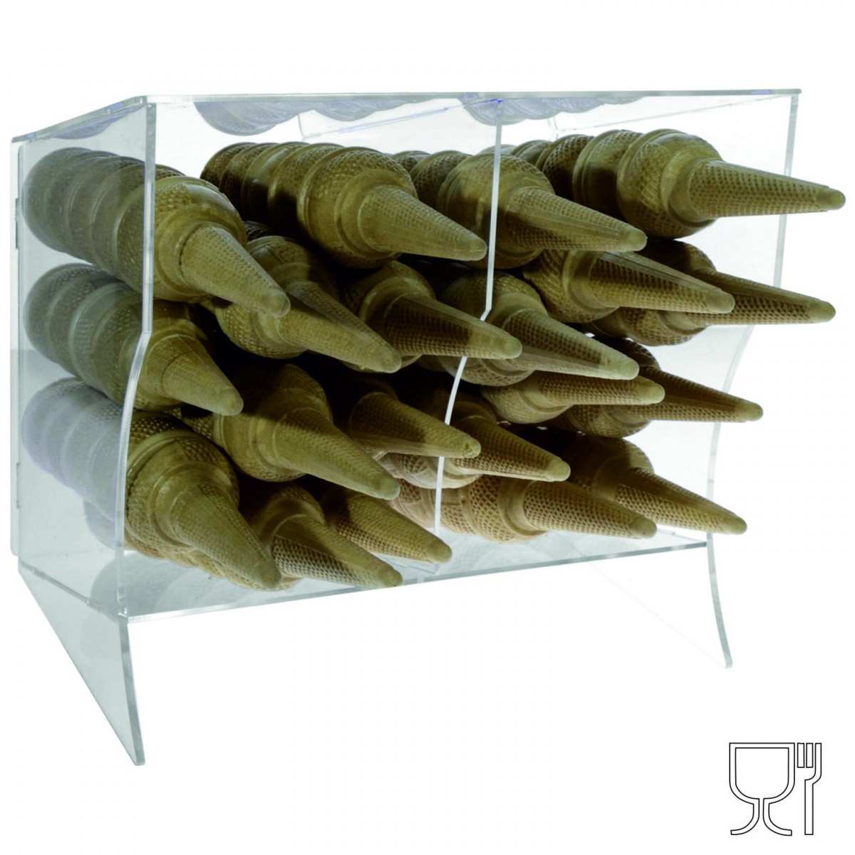 Expositor para conos de helado en plexiglás transparente horizontal con 2 compartimentos