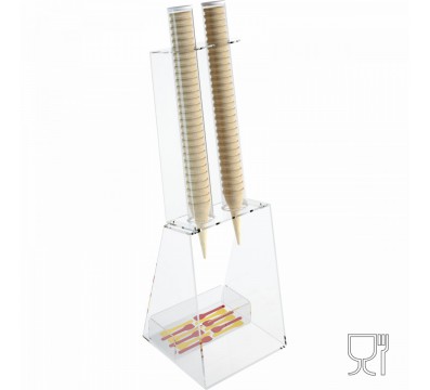 E-518 - Porta coni gelato da banco in plexiglass trasparente con porta cucchiaini - CM(LxPxH): 25x26x81