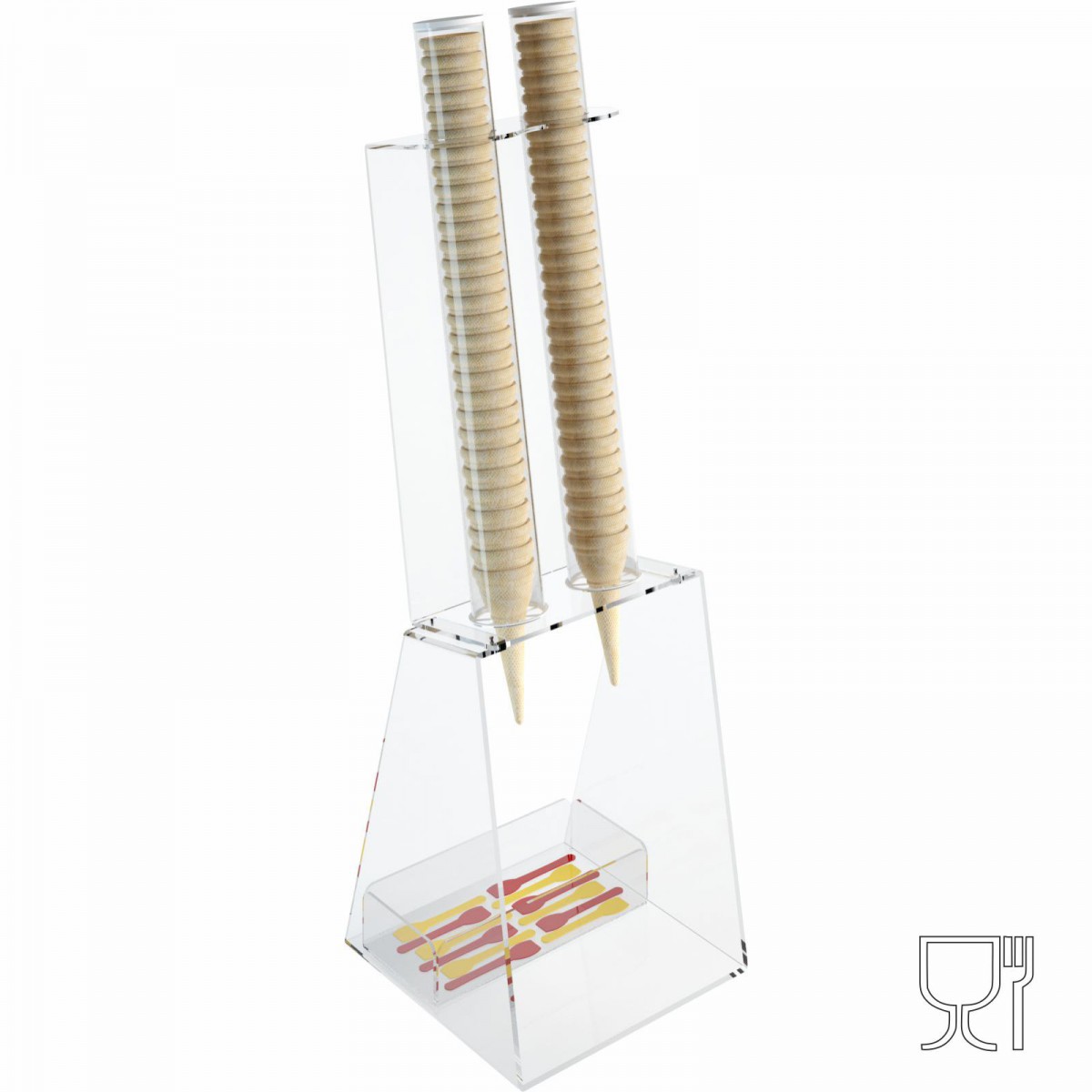 E-518 - Porta coni gelato da banco in plexiglass trasparente con porta cucchiaini - CM(LxPxH): 25x26x81