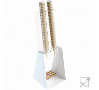 E-519 - Porta coni gelato da banco in plexiglass bianco con porta cucchiaini - CM(LxPxH): 25x26x81