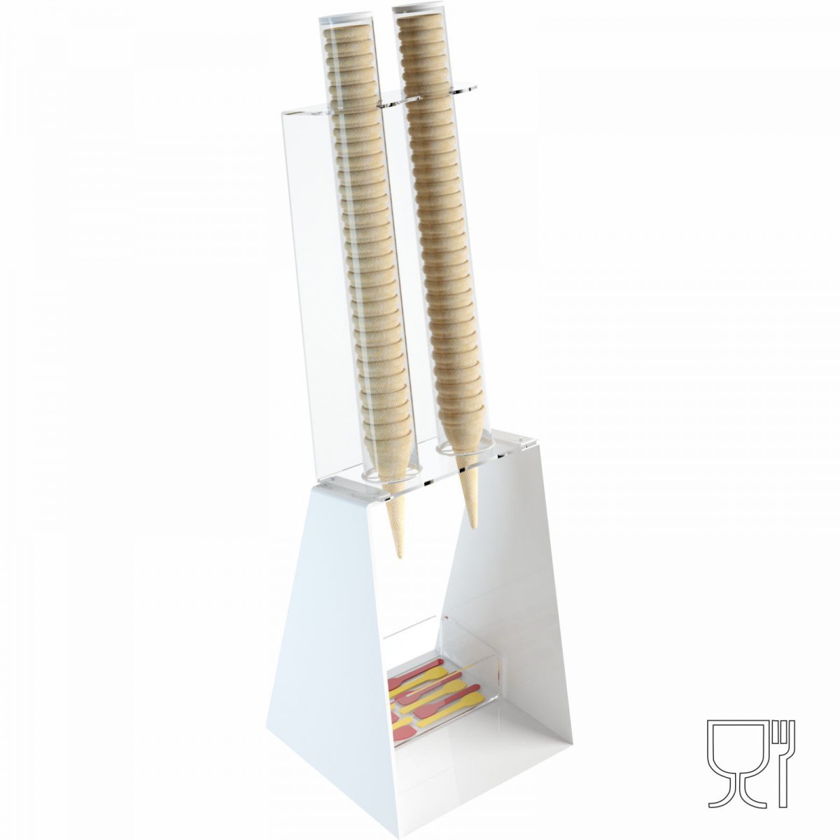 E-519 - Porta coni gelato da banco in plexiglass bianco con porta cucchiaini - CM(LxPxH): 25x26x81