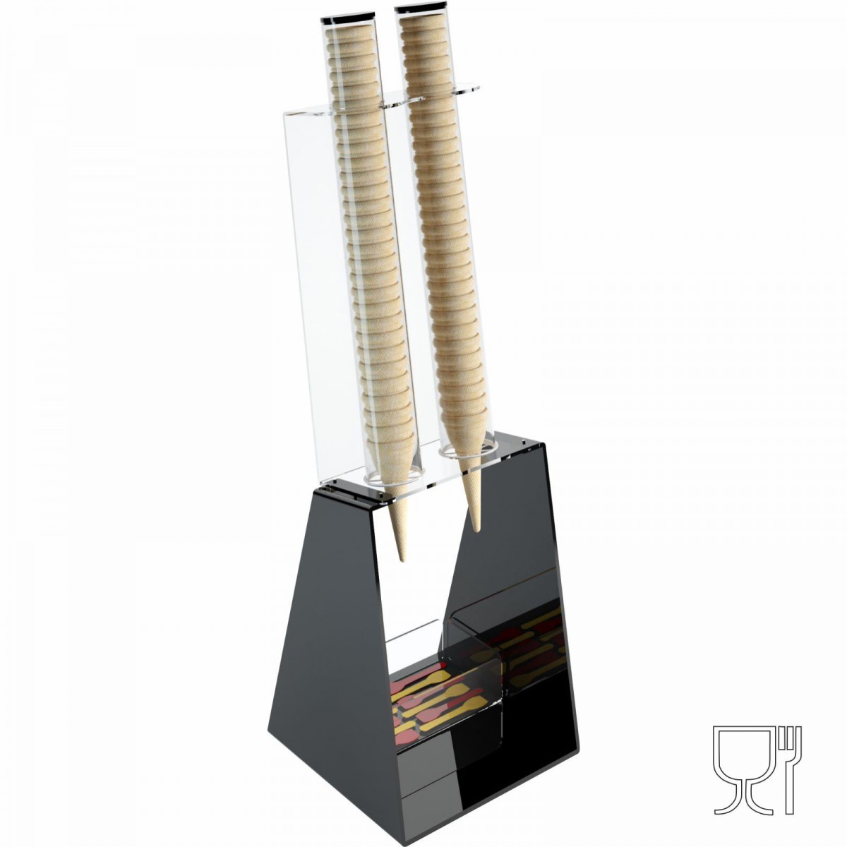 Porta coni gelato da banco in plexiglass nero con porta cucchiaini - CM(LxPxH): 25x26x81