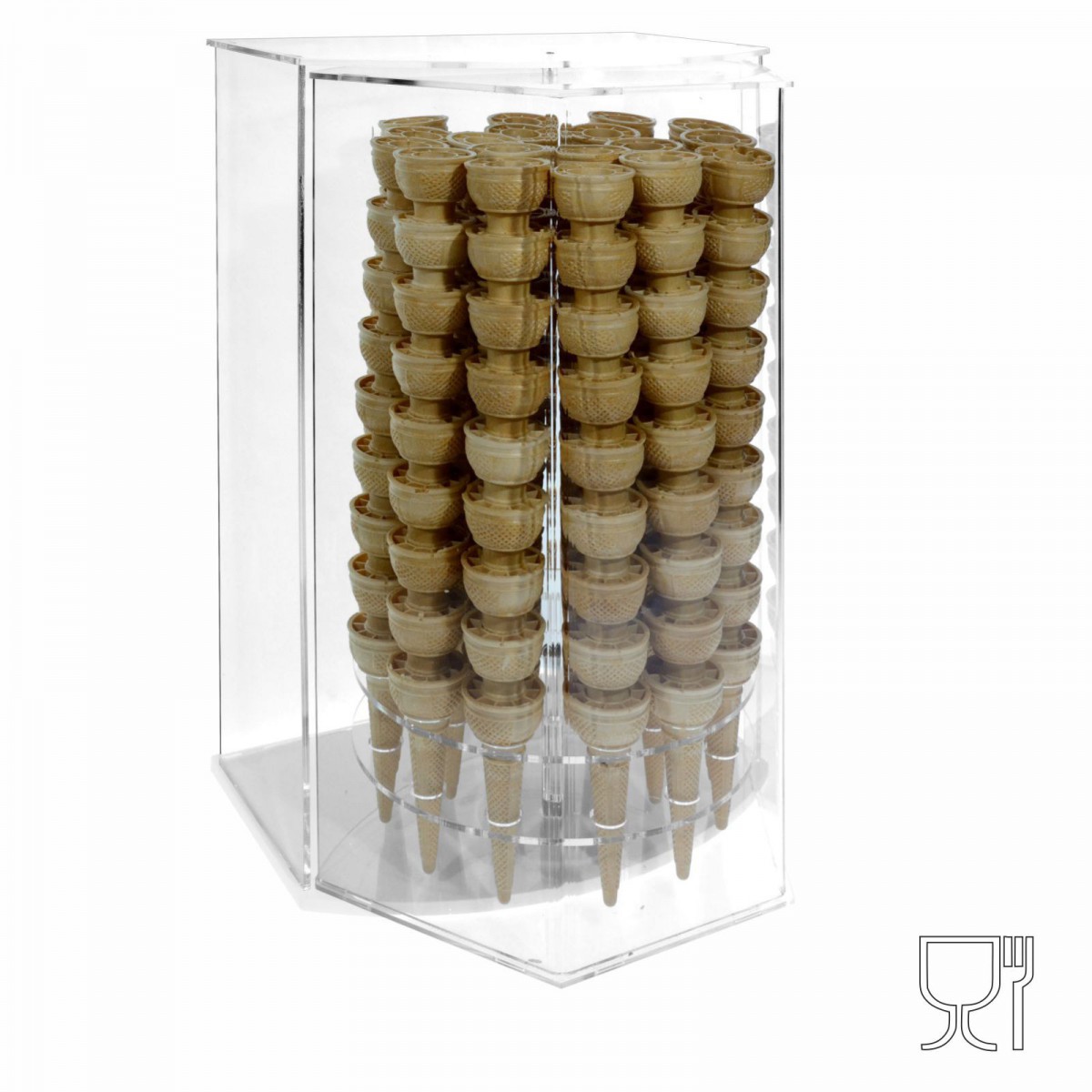 E-521 PCN - Porta coni gelato in plexiglass trasparente da banco con anta girevole a 18 fori - CM(LxPxH): 41x37x59