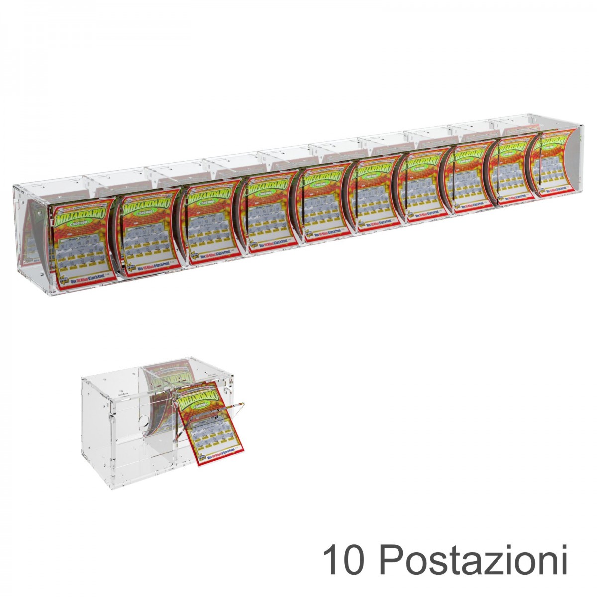 E-384 EGV-E - Espositore Gratta e Vinci da Banco o da Soffitto in Plexiglass Trasparente a 10 Contenitori CON SPORTELLINO