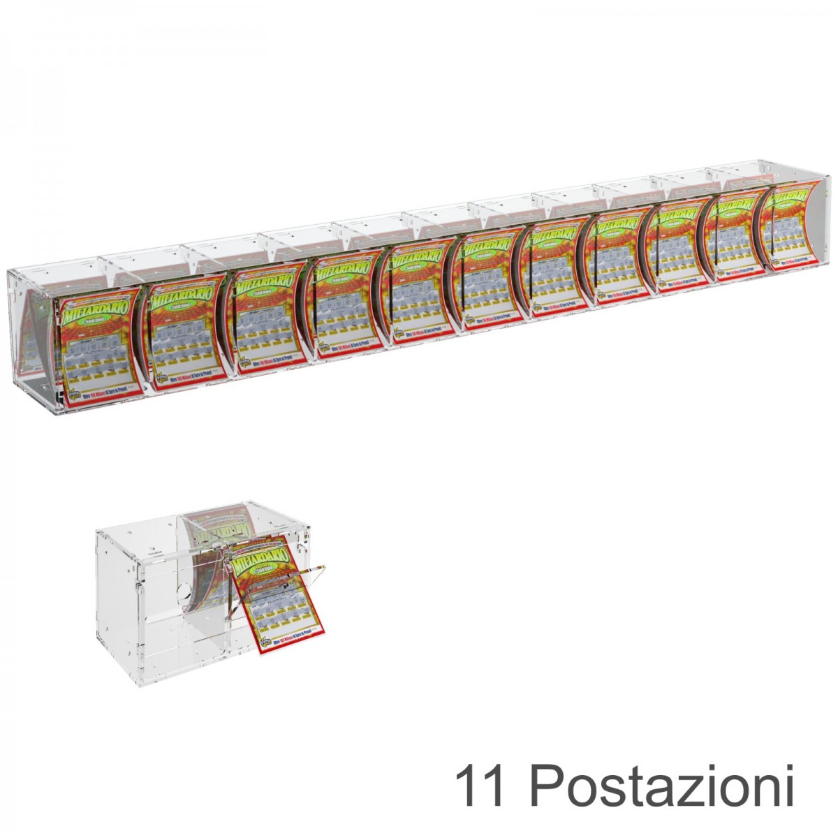 E-384 EGV-F - Espositore Gratta e Vinci da Banco o da Soffitto in Plexiglass Trasparente a 11 Contenitori CON SPORTELLINO