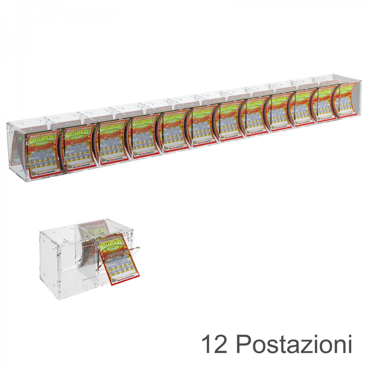 E-384 EGV-G - Espositore Gratta e Vinci da Banco o da Soffitto in Plexiglass Trasparente a 12 Contenitori CON SPORTELLINO