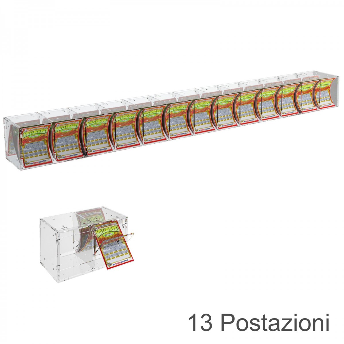 E-384 EGV-H - Espositore Gratta e Vinci da Banco o da Soffitto in Plexiglass Trasparente a 13 Contenitori CON SPORTELLINO