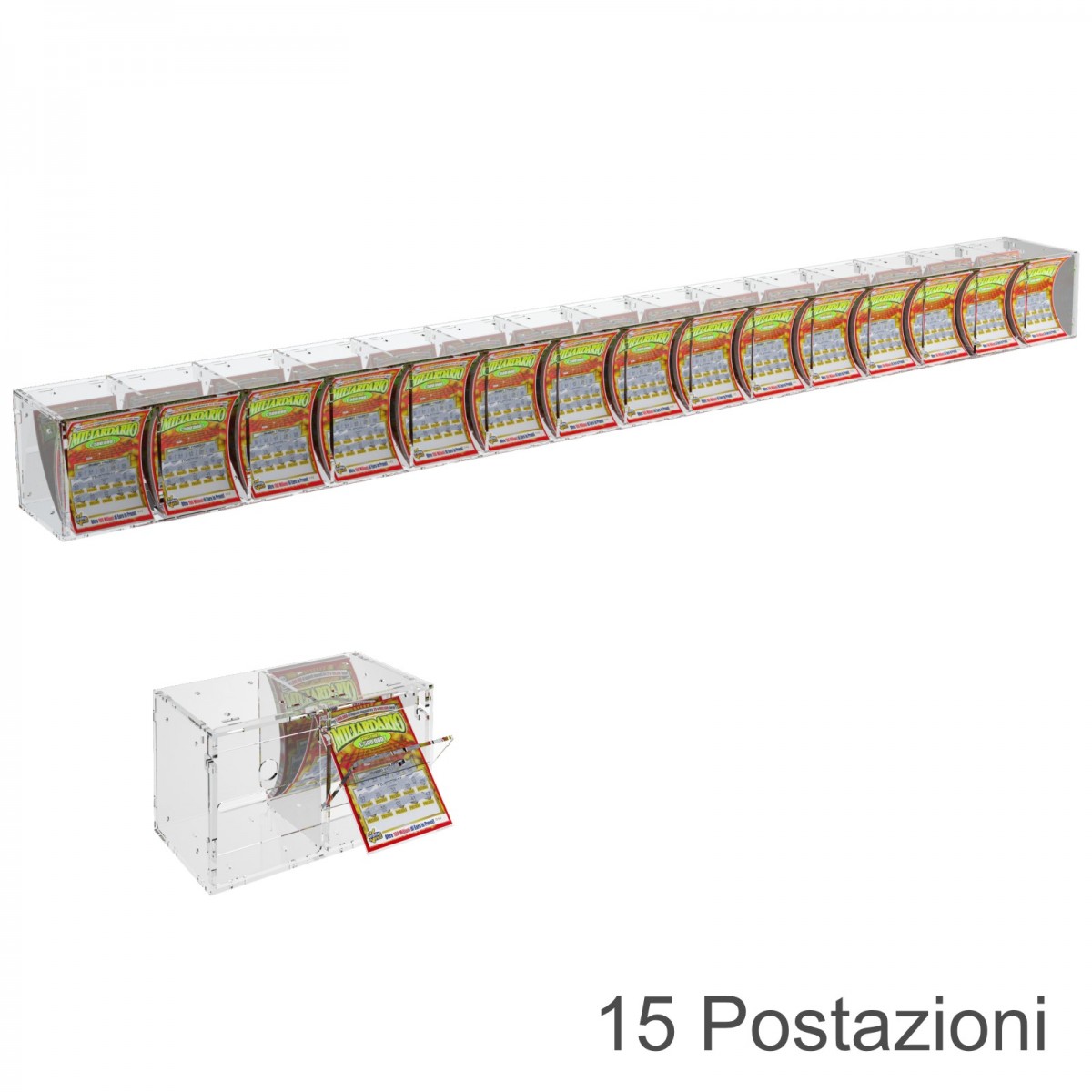 E-384 EGV-L - Espositore Gratta e Vinci da Banco o da Soffitto in Plexiglass Trasparente a 15 Contenitori CON SPORTELLINO