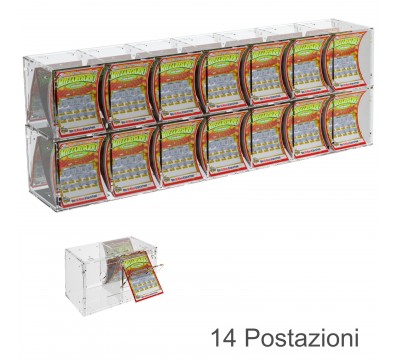 E-385 EGV-B - Espositore Gratta e Vinci da Banco o da Soffitto in Plexiglass Trasparente a 14 Contenitori CON SPORTELLINO