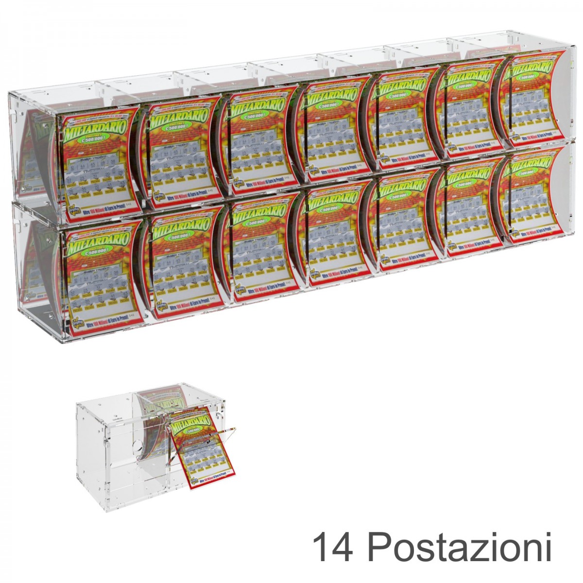 E-385 EGV-B - Espositore Gratta e Vinci da Banco o da Soffitto in Plexiglass Trasparente a 14 Contenitori CON SPORTELLINO