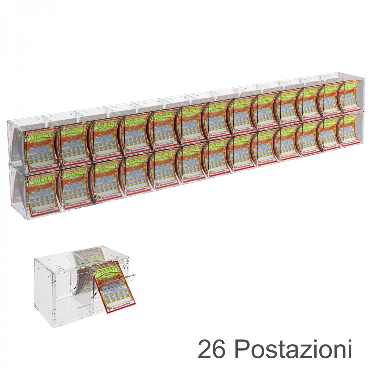 E-385 EGV-H - Espositore Gratta e Vinci da Banco o da Soffitto in Plexiglass Trasparente a 26 Contenitori CON SPORTELLINO
