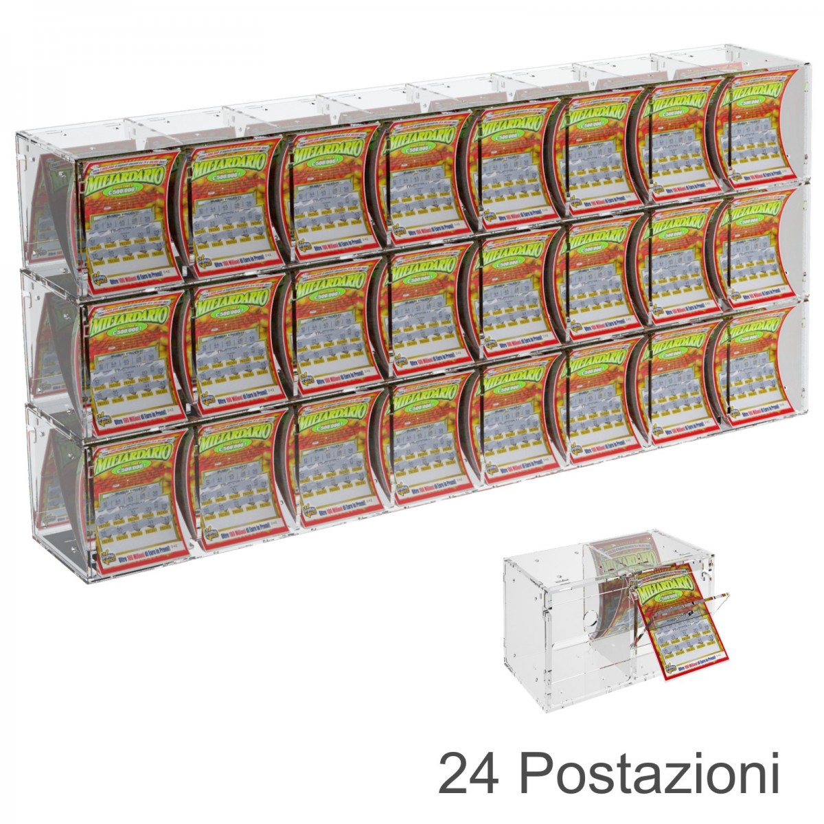 E-386 EGV-C - Espositore Gratta e Vinci da Banco o da Soffitto in Plexiglass Trasparente a 24 Contenitori CON SPORTELLINO