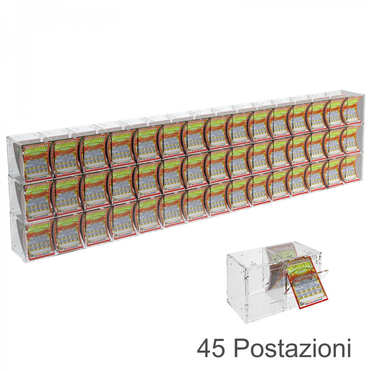 E-386 EGV-L - Espositore Gratta e Vinci da Banco o da Soffitto in Plexiglass Trasparente a 45 Contenitori CON SPORTELLINO