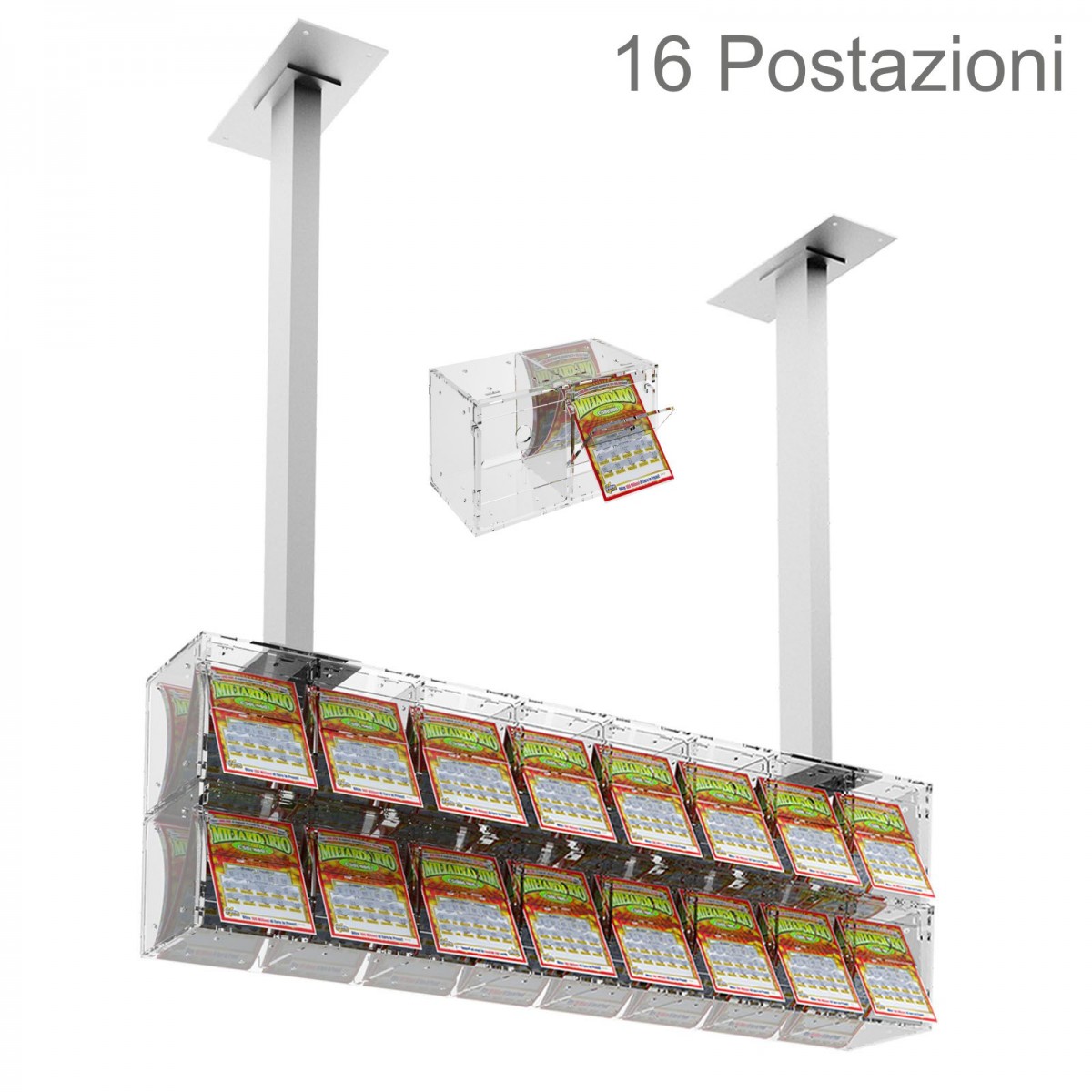 E-391 EGV-C - Espositore gratta e vinci da soffitto in plexiglass trasparente a 16 contenitori munito di sportellino frontale...