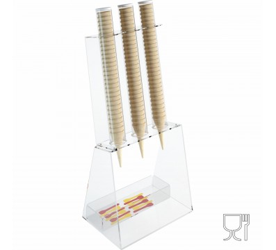 E-518 PCN-B - Porta coni gelato da banco a 3 colonne in plexiglass con porta cucchiaini