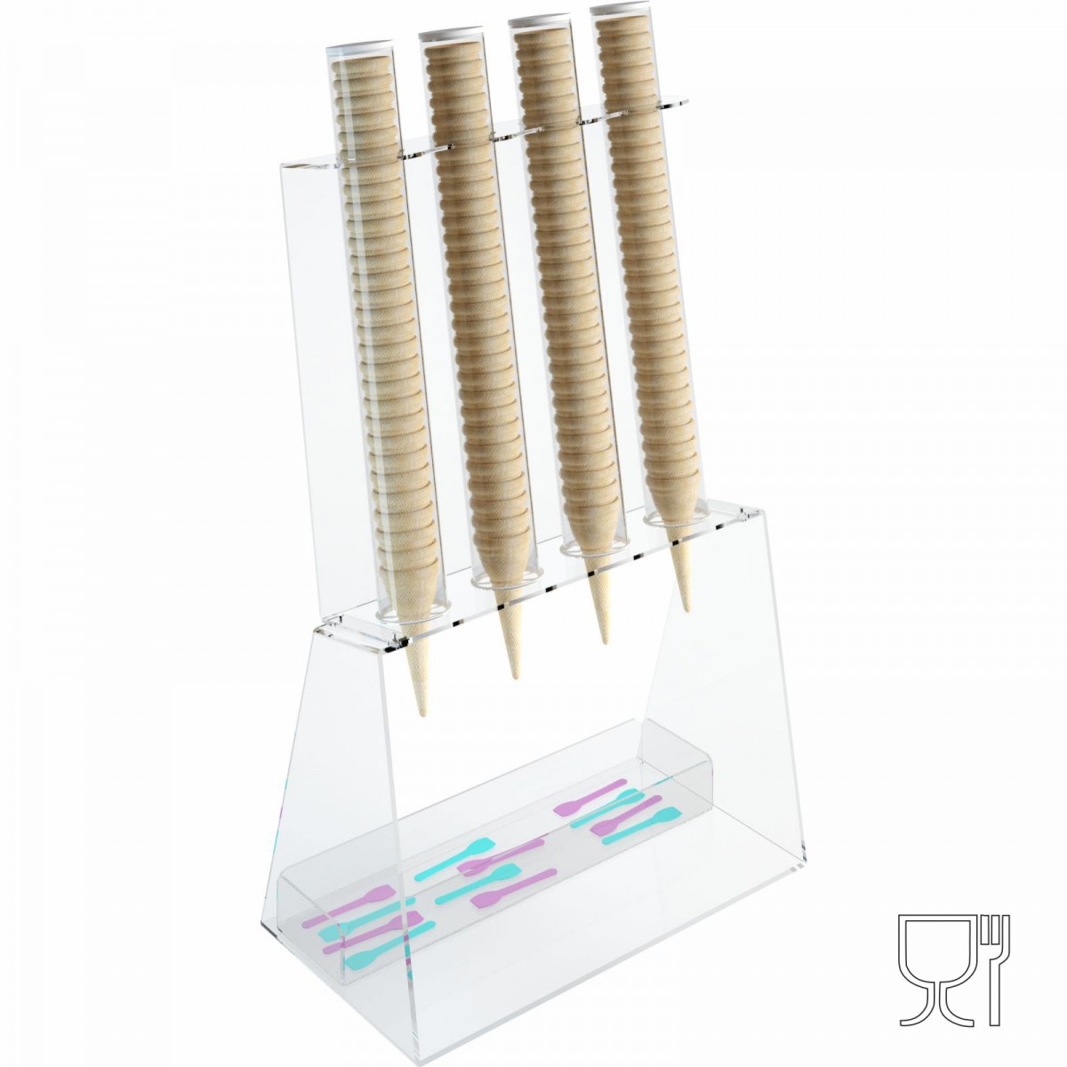 E-518 PCN-C - Porta coni gelato da banco a 4 colonne in plexiglass con porta cucchiaini