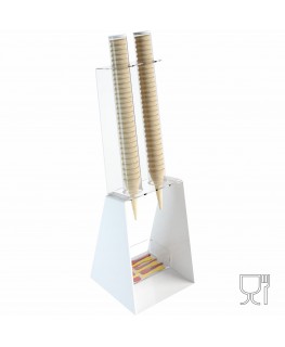 E-519 PCN-A - Porta coni gelato da banco a 2 colonne in plexiglass bianco con porta cucchiaini