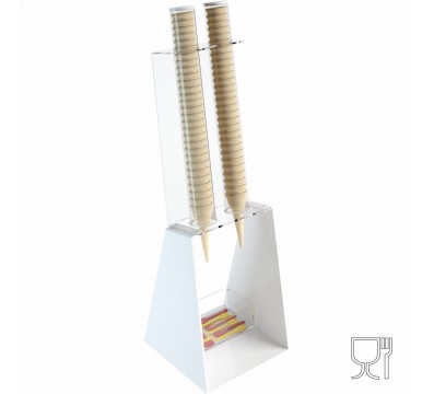 E-519 PCN-A - Porta coni gelato da banco a 2 colonne in plexiglass bianco con porta cucchiaini