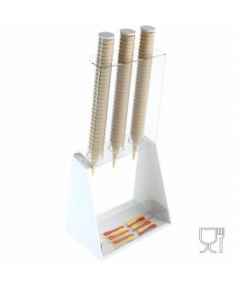 E-519 PCN-B - Porta coni gelato da banco a 3 colonne in plexiglass bianco con porta cucchiaini