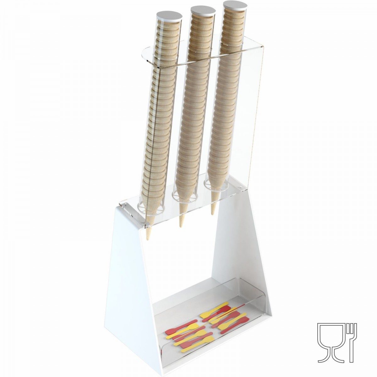 E-519 PCN-B - Porta coni gelato da banco a 3 colonne in plexiglass bianco con porta cucchiaini