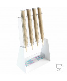 E-519 PCN-C - Porta coni gelato da banco a 4 colonne in plexiglass bianco con porta cucchiaini.