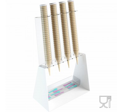E-519 PCN-C - Porta coni gelato da banco a 4 colonne in plexiglass bianco con porta cucchiaini.